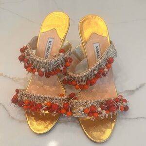 Manolo Blahnik Gold Sandals with Red/Orange Beads - Size 38
